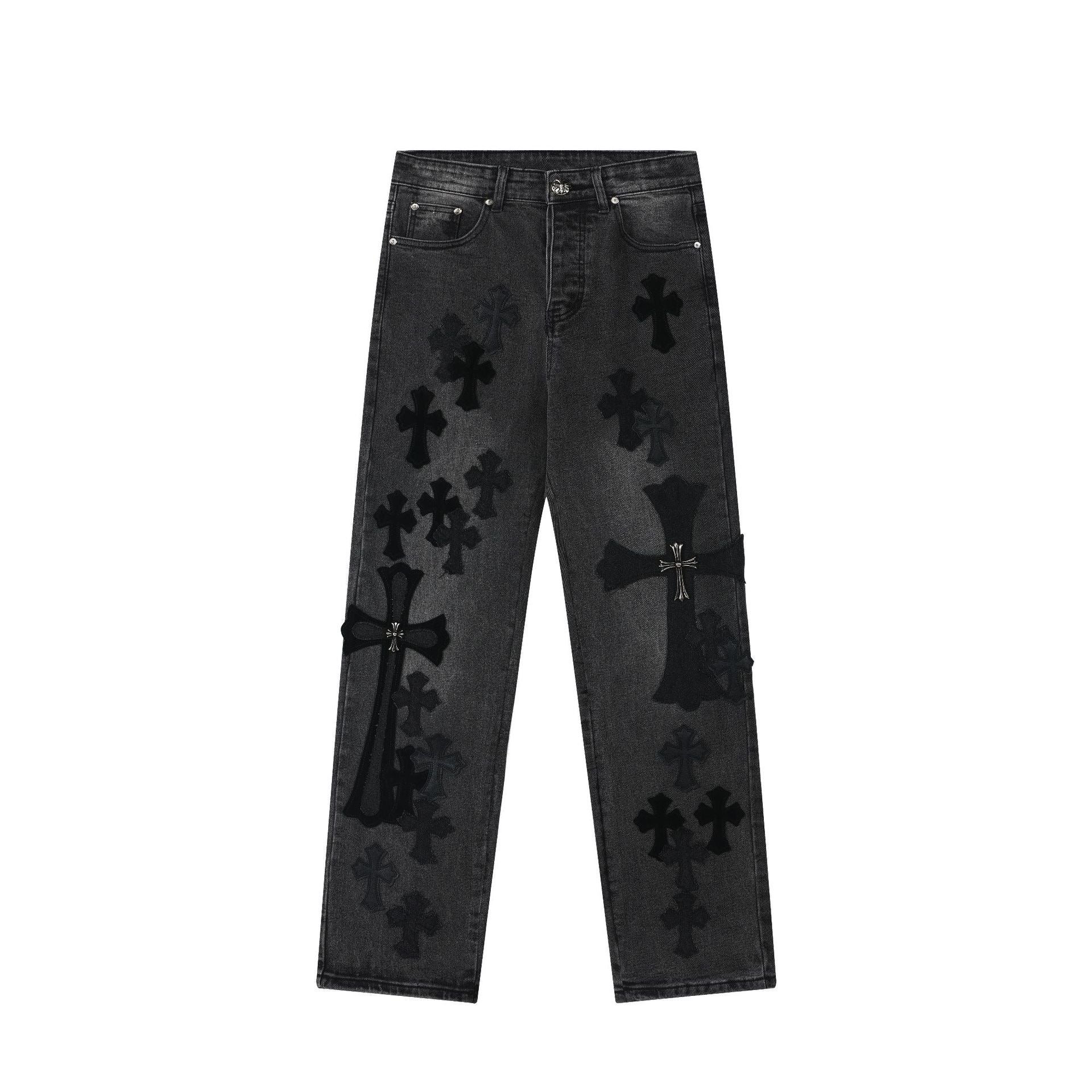 16071924133576801440221820_1 【Chrome Hearts】クロムハーツ ブラック&グレー シルバークロスパッチジーンズ - 画像 (1)