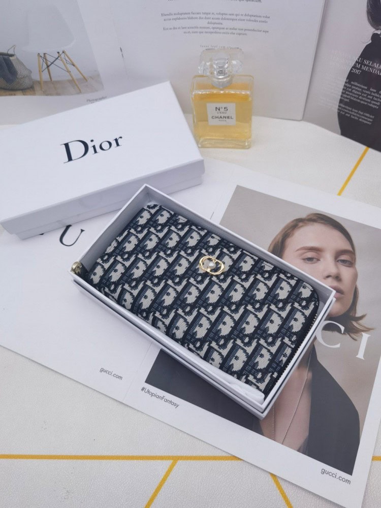 【AT10150】Dior（ディオール）の高級Obliqueプリントレザーウォレット - エレガントな青灰色デザイン、多機能カードスロット付き | Christian Dior