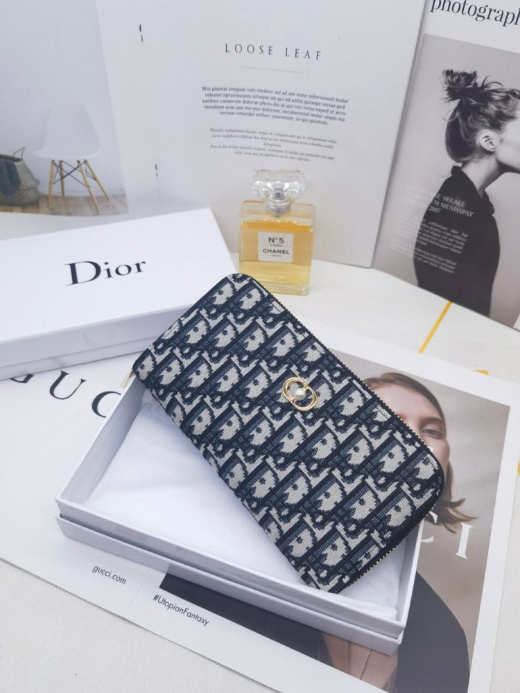 【AT10150】Dior（ディオール）の高級Obliqueプリントレザーウォレット - エレガントな青灰色デザイン、多機能カードスロット付き | Christian Dior