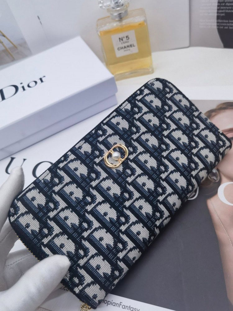 【AT10150】Dior（ディオール）の高級Obliqueプリントレザーウォレット - エレガントな青灰色デザイン、多機能カードスロット付き | Christian Dior