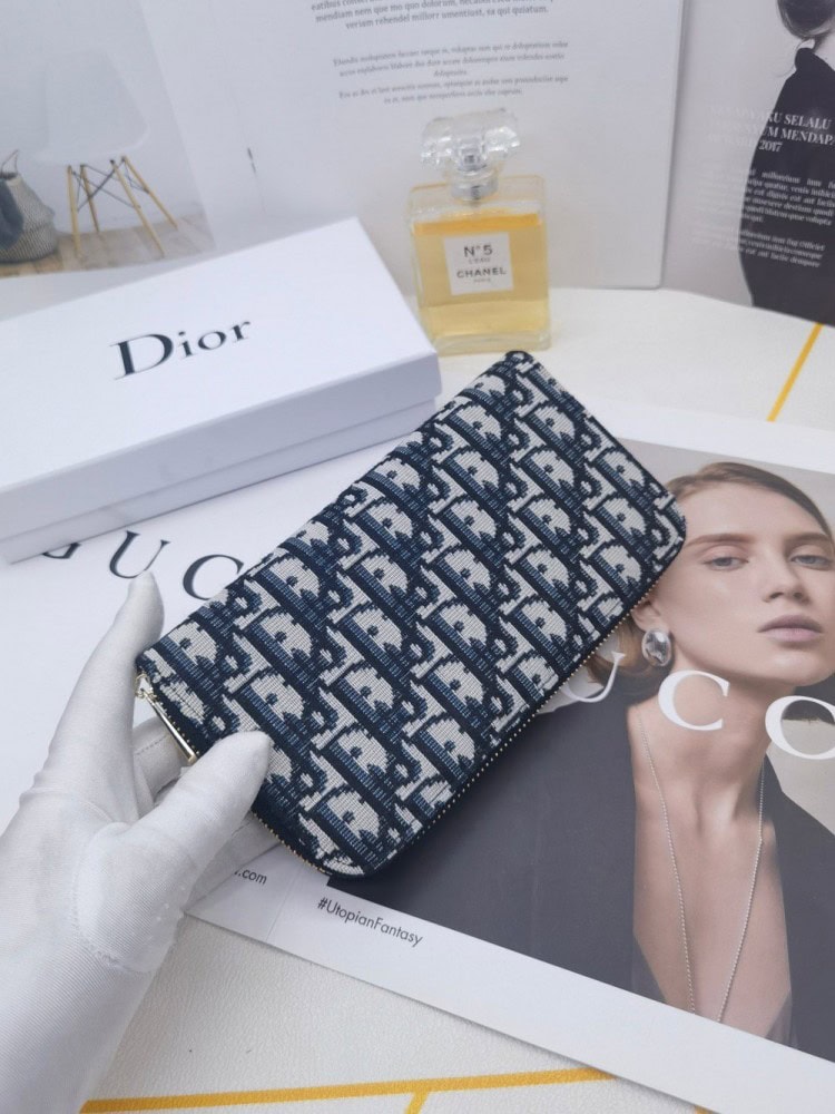 【AT10150】Dior（ディオール）の高級Obliqueプリントレザーウォレット - エレガントな青灰色デザイン、多機能カードスロット付き | Christian Dior