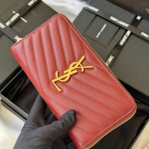 【AT10668】セントローレントのローズレッドメタリックカビアレザーウォレット | YSL