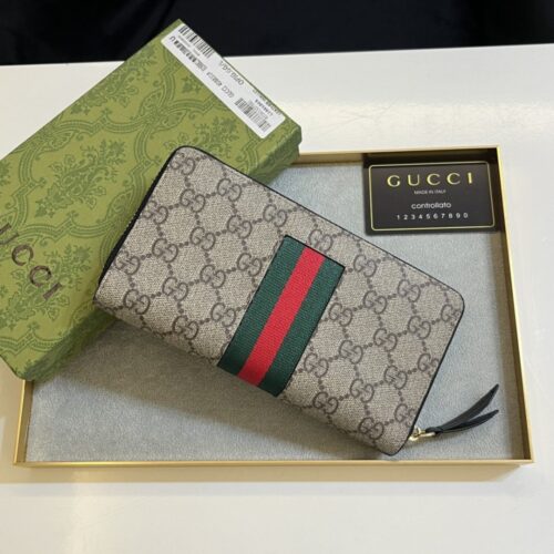 【AT11091】グッチGGスプリームキャンバスウォレット、赤緑ストライプアクセント | Gucci Firenze