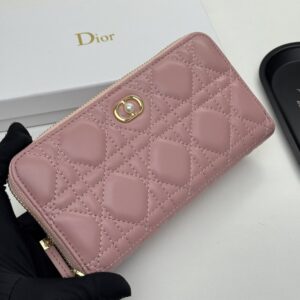 【AT11104】ディオールの優雅なピンク羊革財布 - 高級女性向けのクラシックなダイヤ柄デザイン | Dior Paris