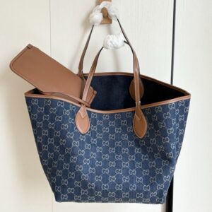 【AT11109】グッチ Totissimaシリーズ トートバッグ - ブルーのモノグラム柄生地、可愛いピンクのクラッチ付き | Gucci