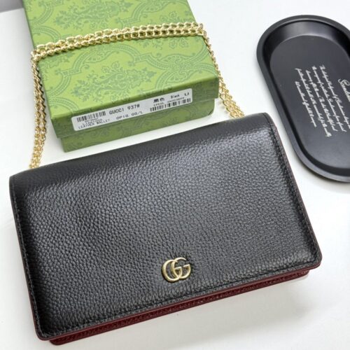 【AT13406】Gucciグッチ 高級牛革チェーン付き財布 ブラック/ゴールドダブルGロゴ 豪華なデザイン 精巧な工芸品 | Gucci