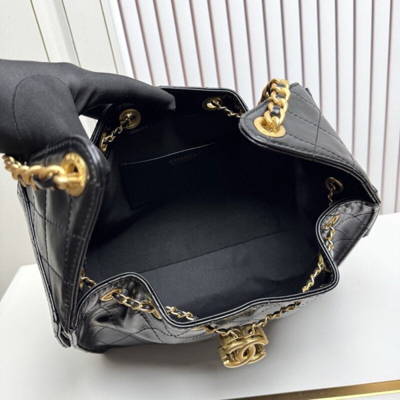【AT13952】高級牛革チェーンバッグ - ブラックゴールドのエレガントなダイヤモンド柄デザイン | Chanel