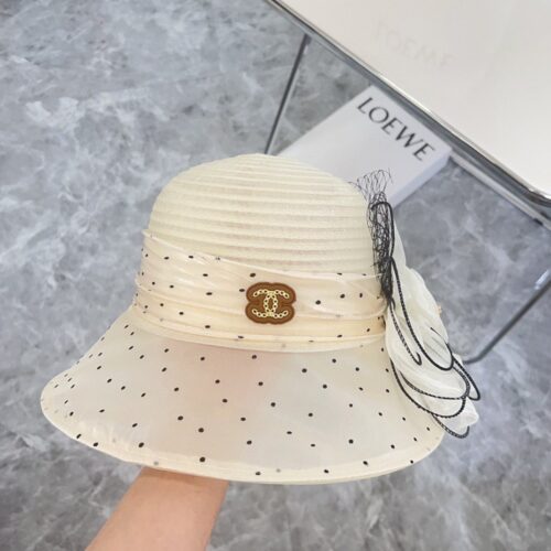 【AT1700】シャネル（Chanel）の2024年の新作オーガンザドット柄のリゾートスタイルのペンハット、ストリートや旅行用の一品。