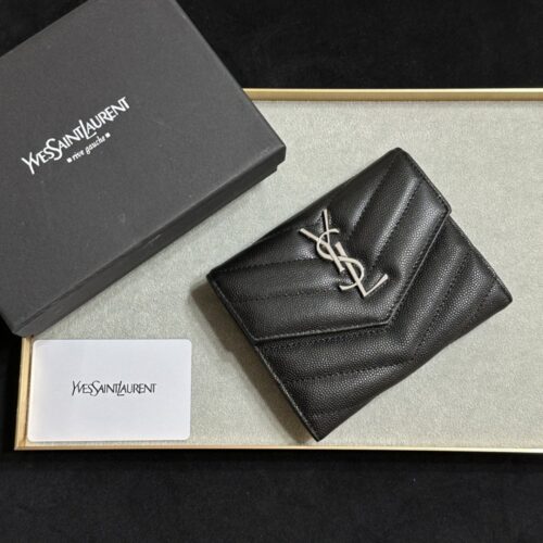 【AT1741】YSLキャビアスキンブラックシルバーゴールド（SAINT LAURENT）の半額のコインケースカードホルダー正規品開発輸入カーフスキンを押した小牛革キャビアジェル。