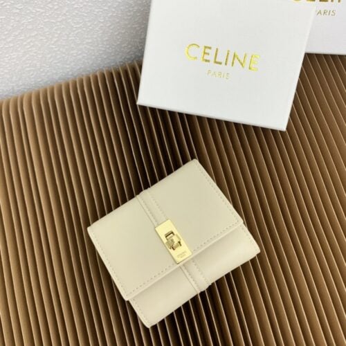 【AT2562】Celine TRIOMPHE 16番の光沢のある牛革折りたたみ財布。 牛革裏地：牛革/布金の装飾が施された回転ロック付き1つのプッシュボタン畳み込みコインポケット5つのカードスロット1つの紙幣袋2つのフラットポケット
