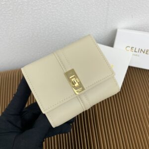 【AT2562】Celine TRIOMPHE 16番の光沢のある牛革折りたたみ財布。 牛革裏地：牛革/布金の装飾が施された回転ロック付き1つのプッシュボタン畳み込みコインポケット5つのカードスロット1つの紙幣袋2つのフラットポケット