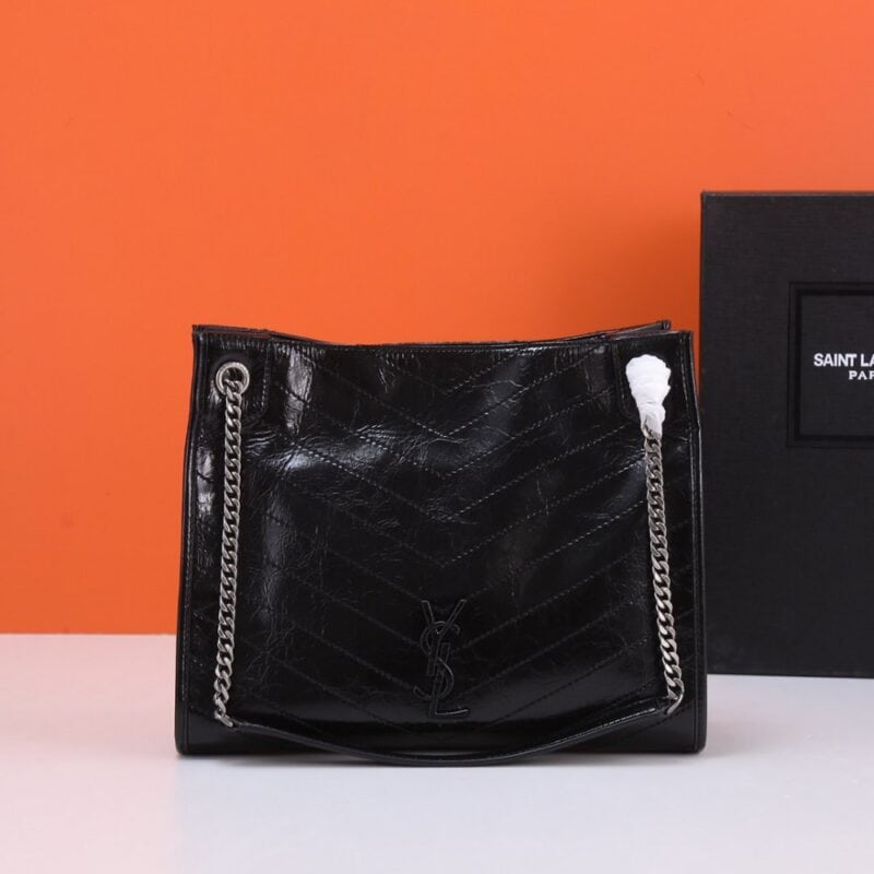 【AT2644】YSL☀️NIKIショッピングバッグ👉 ウェザードヴィンテージワックスレザー💗 ハンドルバッグの装飾レザーカバーYSLイニシャル