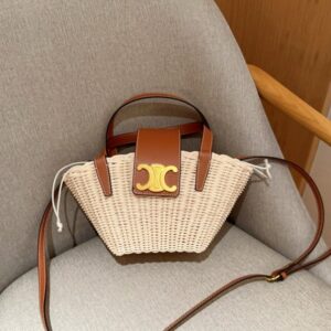 【AT2838】Celine セリーヌ24の新作、竹で編まれた買い物かご。休暇用の草で編まれたハンドバッグ。