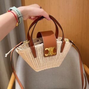 【AT2838】Celine セリーヌ24の新作、竹で編まれた買い物かご。休暇用の草で編まれたハンドバッグ。