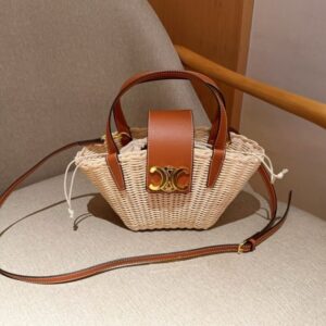 【AT2838】Celine セリーヌ24の新作、竹で編まれた買い物かご。休暇用の草で編まれたハンドバッグ。