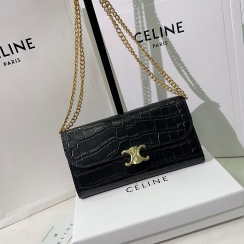 【AT3384】CELINE クラシックエンボス加工ワニ柄チェーンバッグ