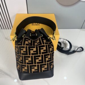 【AT3543】Fendi クラシック FF モノグラム バケツバッグ ビンテージキャンバスと牛革の組み合わせ オールマッチの紐付きバッグ ショルダーと斜め掛けの両用