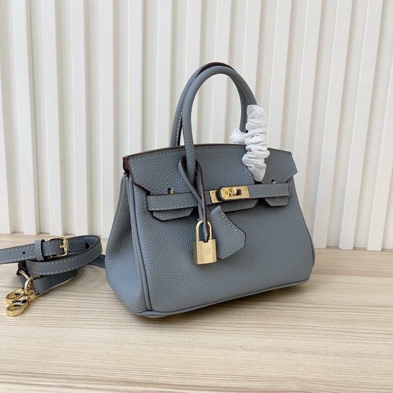 【AT3583】Hermes エルメスの高級手作り牛革プラチナバッグ（スモッグブルー）