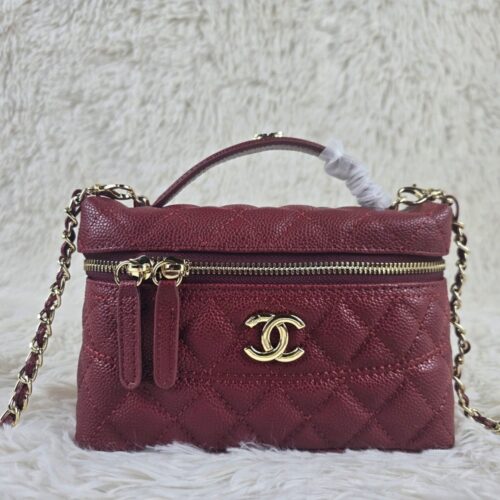 【AT3671】Chanel チャネルクラシックなダイヤ柄メタルチェーンバッグ - ワインレッド色