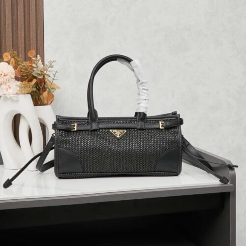 【AT3700】Pradaミニ編みトートバッグ✨ レトロなブラックゴールドデザイン👜 ラグジュアリーウェア 💫