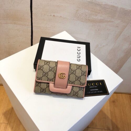 【AT3961】📌 Gucci グッチ GGキャンバスとピンクカーフレザーの三つ折り短財布（レディース） 🌸✨