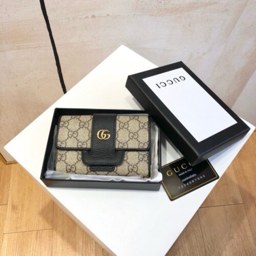 【AT3962】GucciクラシックGGキャンバスとレザーのコンビネーション レディースウォレット（三つ折り）✨エレガントなブラック