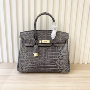 【AT4043】🎀  Hermès エルメス バーキン 30 クロコダイルパターン ハンドバッグ – グレー ゴールドバックル 👜✨