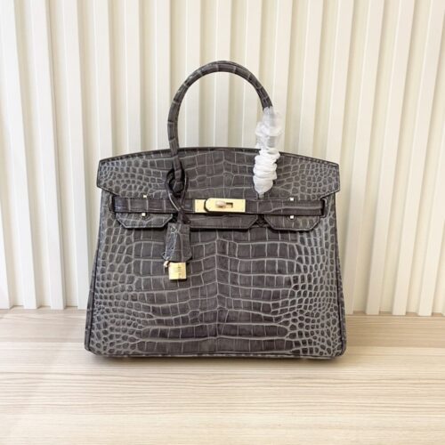 【AT4043】🎀  Hermès エルメス バーキン 30 クロコダイルパターン ハンドバッグ – グレー ゴールドバックル 👜✨