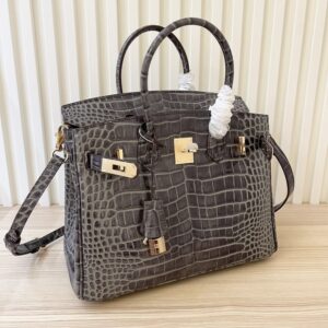 【AT4043】🎀  Hermès エルメス バーキン 30 クロコダイルパターン ハンドバッグ – グレー ゴールドバックル 👜✨