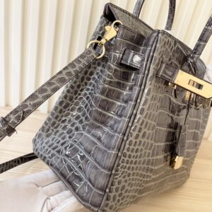 【AT4043】🎀  Hermès エルメス バーキン 30 クロコダイルパターン ハンドバッグ – グレー ゴールドバックル 👜✨