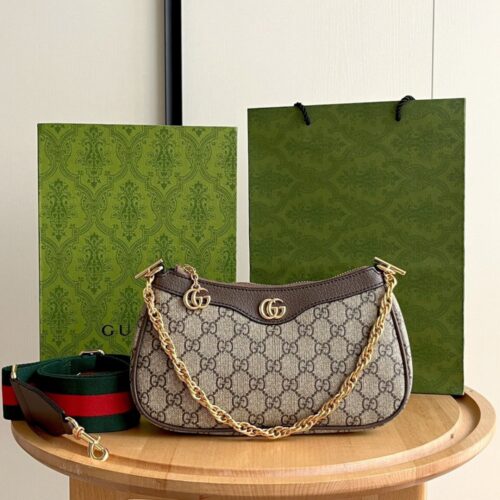 【AT4109】グッチOphidiaシリーズクラシック斜めがけバッグGGモノグラムキャンバス牛革ディテール金属製チェーン取り外し可能ショルダーストラップ付き | Gucci
