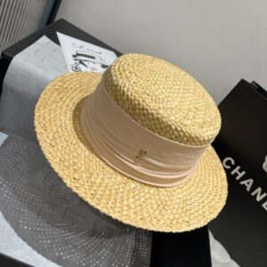 【AT4172】🧢 サンローラン エレガントなストローハット｜ベージュのリボンデザイン｜夏季限定 YSL
