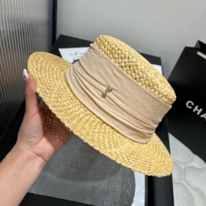 【AT4172】🧢 サンローラン エレガントなストローハット｜ベージュのリボンデザイン｜夏季限定 YSL