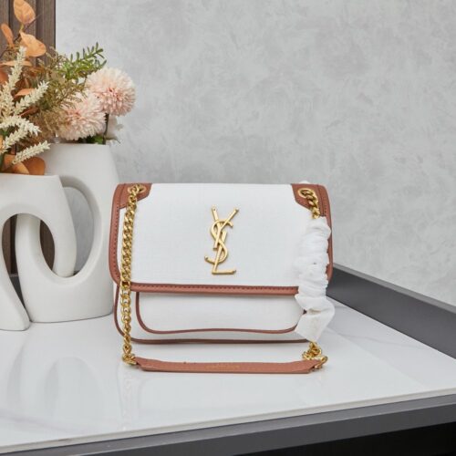 【AT6234】イヴ・サンローランYSL ローズゴールドアクセント リネンショルダーバッグ | YSL