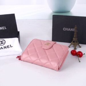 【AT7095】シャネルのラムスキンウォレット - ピンクのクラシックなダイヤ柄デザイン | Chanel Paris