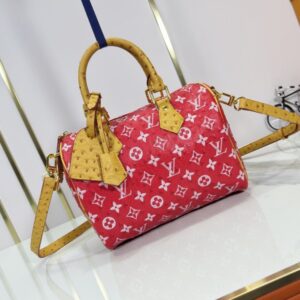 【AT7283】ルイ・ヴィトン（Louis Vuitton）Bandoulière 25 スピーディバッグ - 高級赤型押し牛革、オーストリッチレザー取り外し可能ショルダー、内側羊革裏地 | LV
