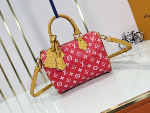 【AT7283】ルイ・ヴィトン（Louis Vuitton）Bandoulière 25 スピーディバッグ - 高級赤型押し牛革、オーストリッチレザー取り外し可能ショルダー、内側羊革裏地 | LV