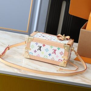【AT8726】ルイ・ヴィトン カラフルなクラシックハンドバッグ、村上隆インスパイア、ミニチュアボックス型、天然革、虹色モノグラム、ピンク内装、都会女性に最適 | 村上隆