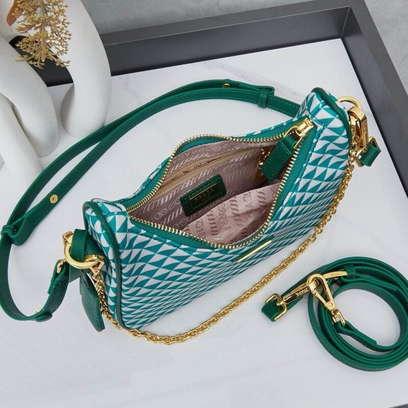 【AT8733】プラダPradaクラシック3WAYホーボーバッグ - 繊細な幾何学模様と湖水緑と白の色彩 | Prada Milano