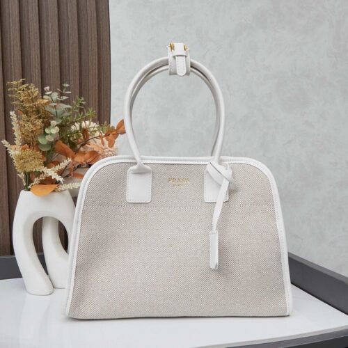 【AT9306】PRADAプラダ リネン＆レザートートバッグ マイルドベージュ 落ち着いた贅沢なスタイル | Prada Milano