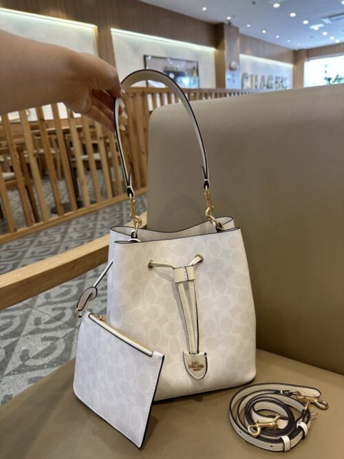 【AT9337】CoachのNubuckレザーバケツバッグ - 高級感溢れるアイボリーの都会的なバッグ | Coach New York