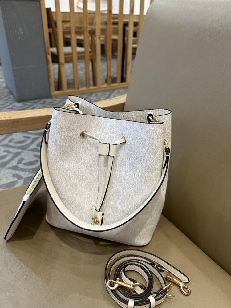 【AT9337】CoachのNubuckレザーバケツバッグ - 高級感溢れるアイボリーの都会的なバッグ | Coach New York