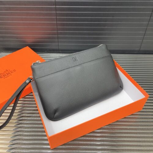 【AT9492】エルメスのクラシックなグレーのクラッチバッグ - 高級ヤング牛革製品、ビジネスや夕食に最適 | Hermes