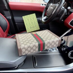 【AT9676】グッチ（Gucci）Ophidiaシリーズ ブラウンダミエ柄クラッチバッグ - 高級帆布素材、グリーンとレッドストライプ アクセント付き | Gucci