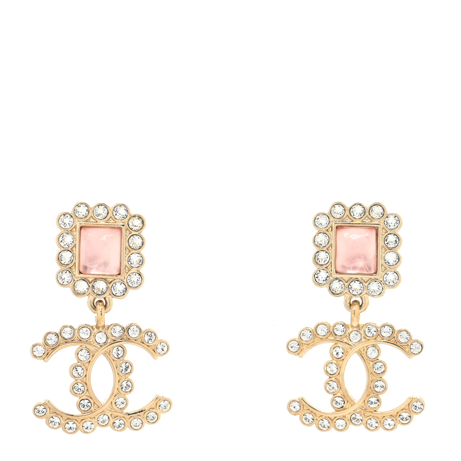 Chanel Metal Square Crystal Pearl CC Drop Earrings Pink Gold image 1 of 4