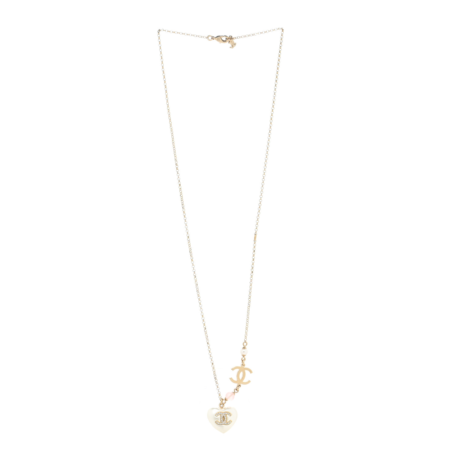 Chanel Pearl Crystal CC Heart Necklace Gold Pearly White image 2 of 3
