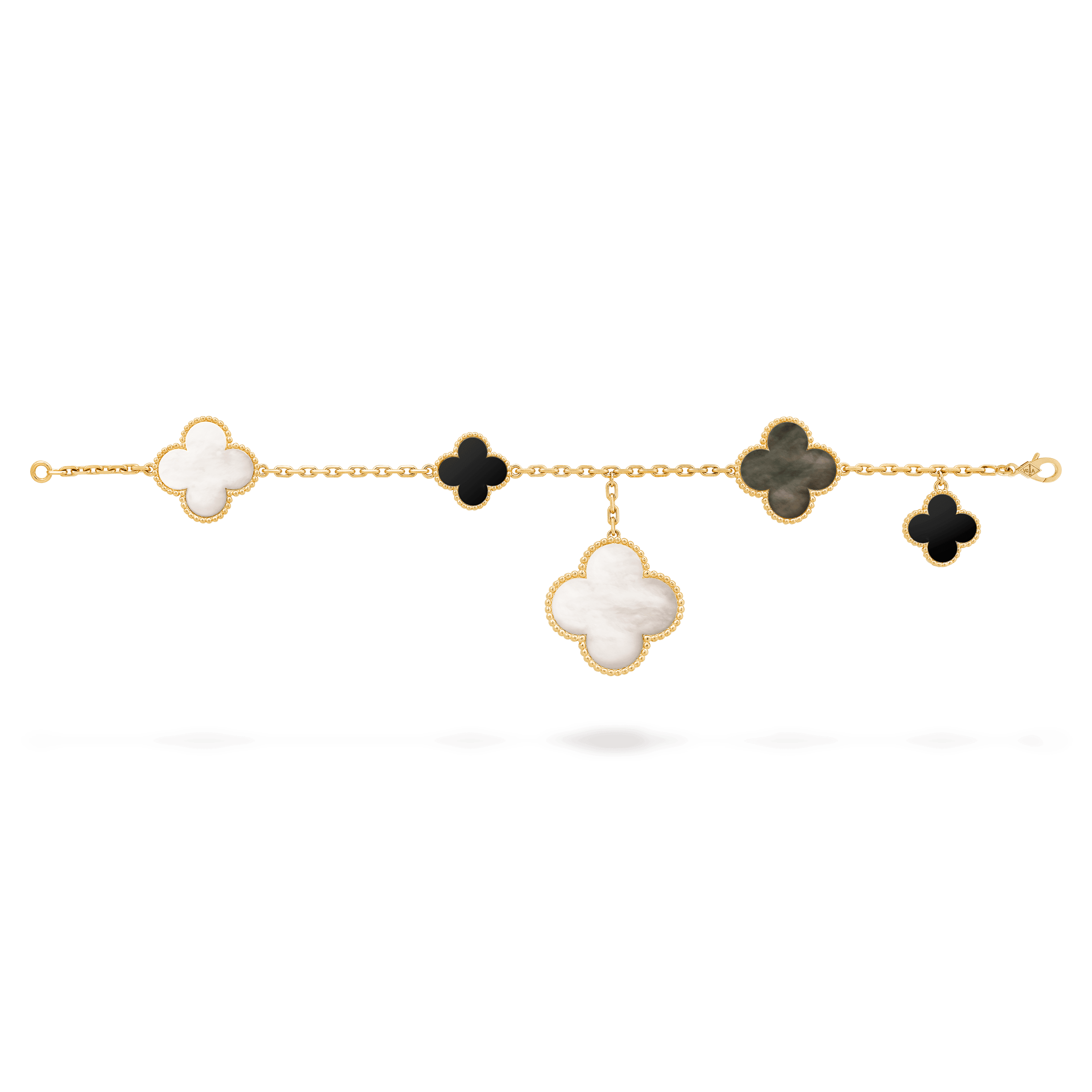 マジック アルハンブラ ブレスレット、5モチーフ イエローゴールド オニキス: 2 石 マザー オブ パール: 3 石 Open Jewelry Bracelet