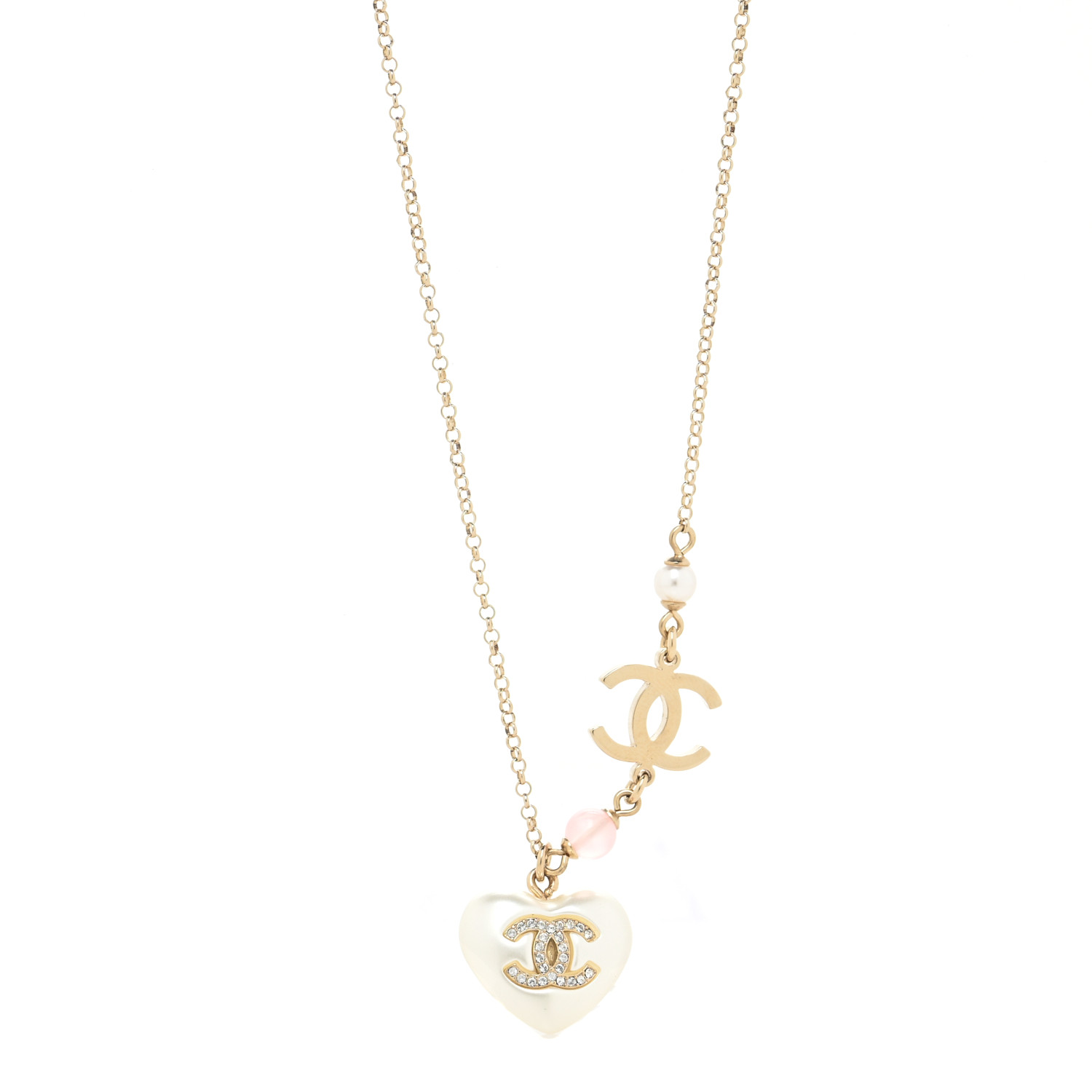 Chanel Pearl Crystal CC Heart Necklace Gold Pearly White image 1 of 3