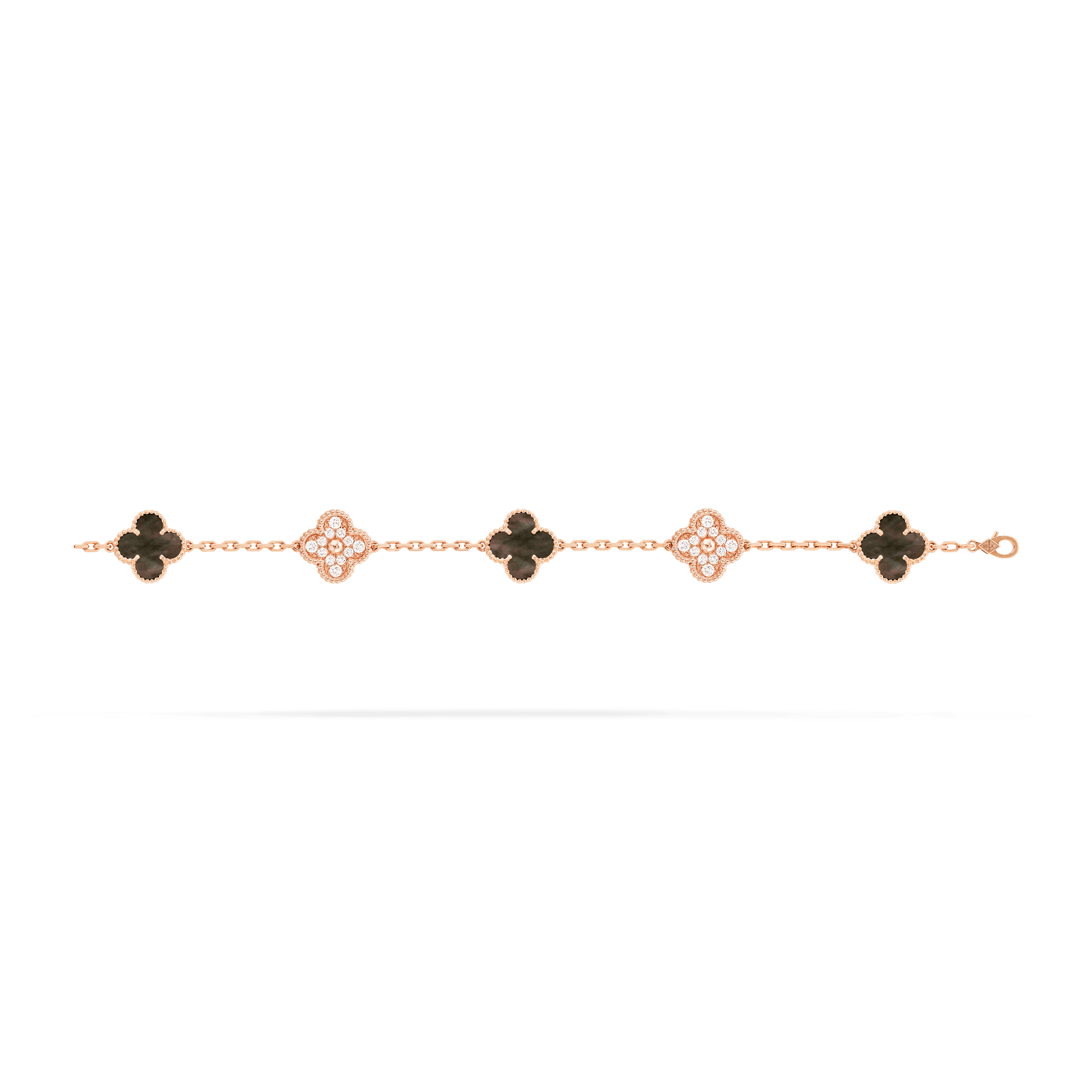 ヴィンテージ アルハンブラ ブレスレット、5モチーフ ローズ ゴールド ダイヤモンド: 24 石 0.97 カラット マザー オブ パール: 3 石 Open Jewelry Bracelet