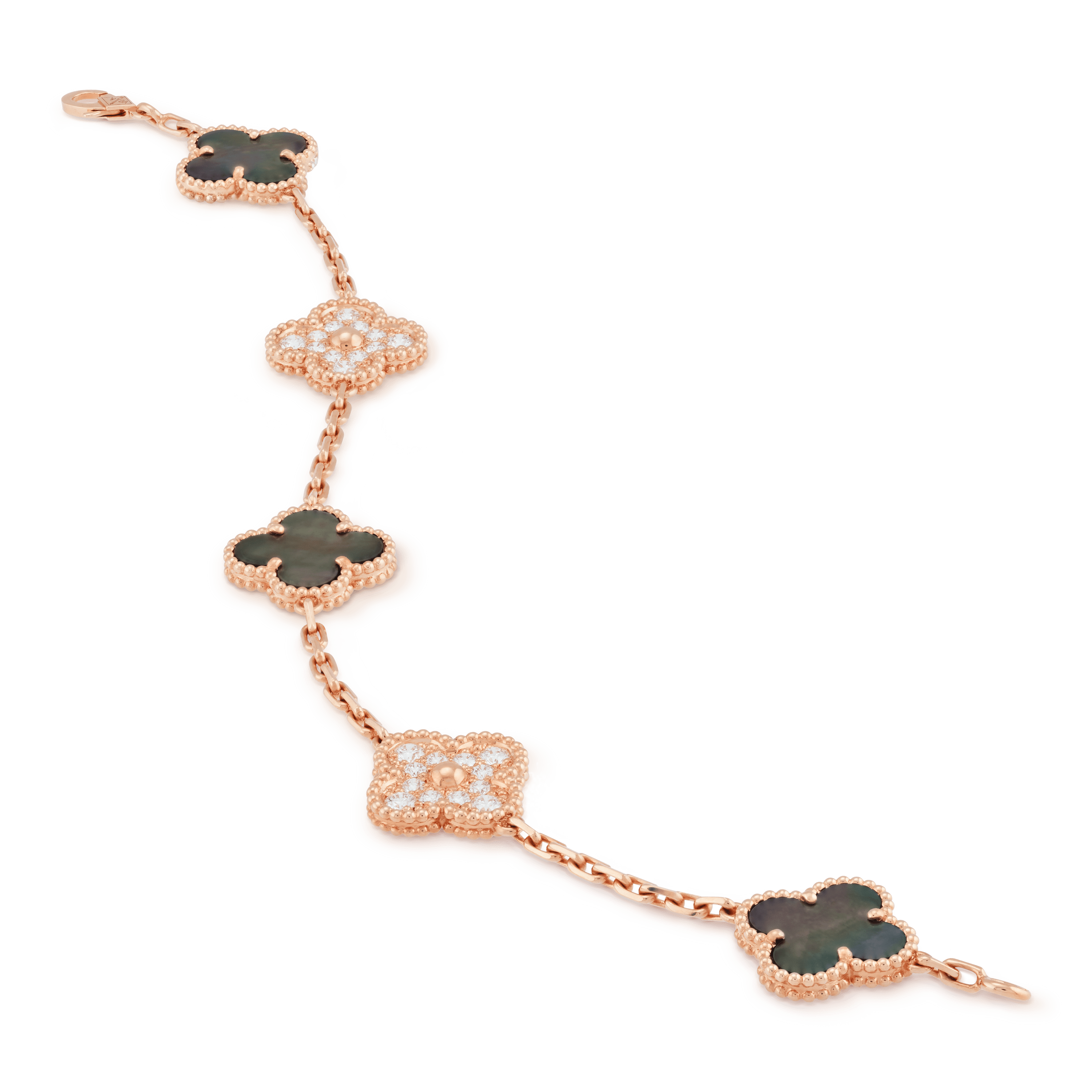 ヴィンテージ アルハンブラ ブレスレット、5モチーフ ローズ ゴールド ダイヤモンド: 24 石 0.97 カラット マザー オブ パール: 3 石 Close Up Jewelry Bracelet